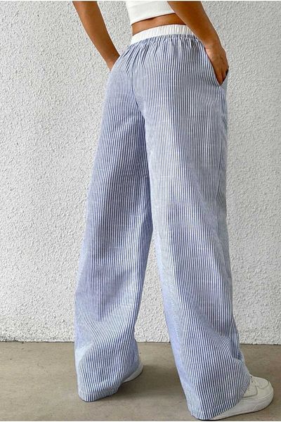 The Champ Clothing Pantaloni țesuți din poplin cu dungi albastre de damă – Model casual cu talie înaltă elastică cu picioare largi