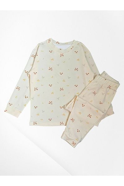 Pajama Shop Girl's 100% Cotton Fabric Beige Color Flower Patterned Long Sleeve Winter Pajama Set