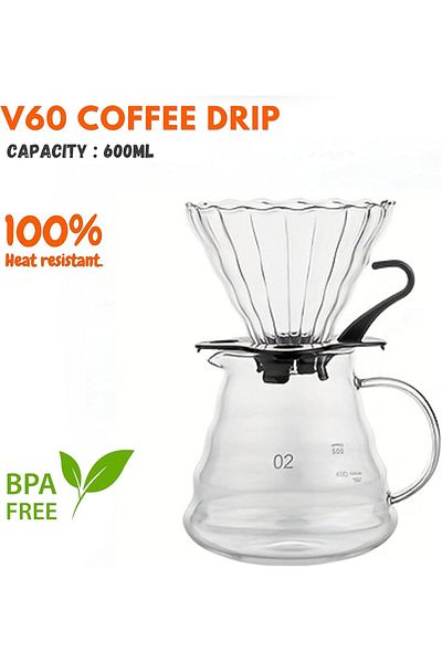 Saharaz V60 Manual Coffee Share Pot With Filter Glass Clear,with Removable Base,600ML
