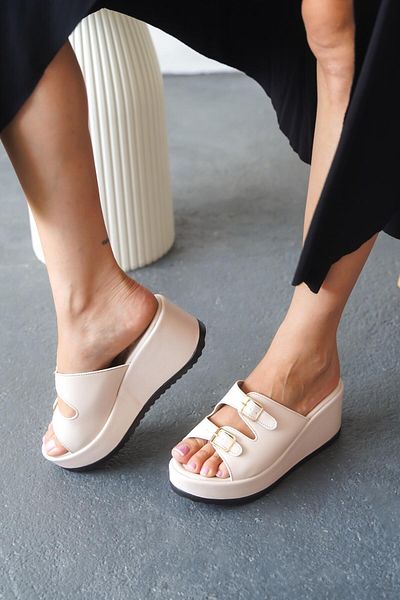Lizzu Women's Double Buckle Wedge Sole Slippers Dolia Beige