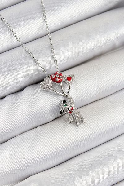 Clariss 316L Steel Zircon Stone Flying Balloon Teddy Bear Model Silver Color Women's Necklace