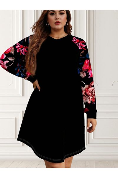 UniqueStore.ro Plus Size Black Dress With Floral Sleeves