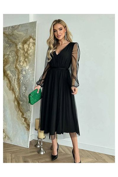 UniqueStore.ro Rochie Paolina Neagră, Tul Elegant Cu Mâneci Transparente