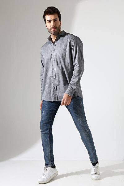 GÖMLEKÇİNİZ Erkek Oversize Kesim Poplin Kumaş Dört Mevsim Uzun Kol Cepsiz Gri Gömlek