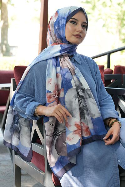 AFVENTE Μοτίβο λουλουδιών Magnolia Indigo Μαλακό βαμβακερό σάλι