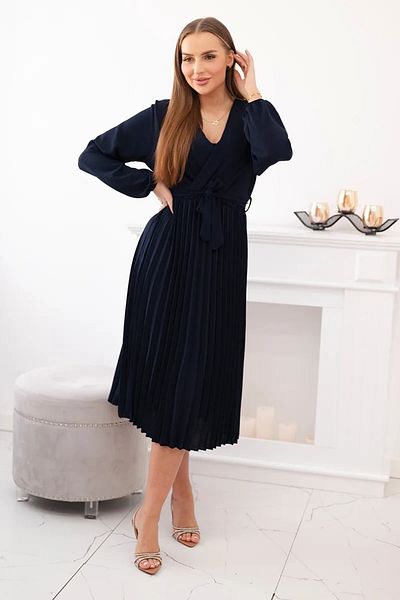 UniqueStore.ro Navy Blue Pleated Midi Dress With Drawstring Waist - One Size