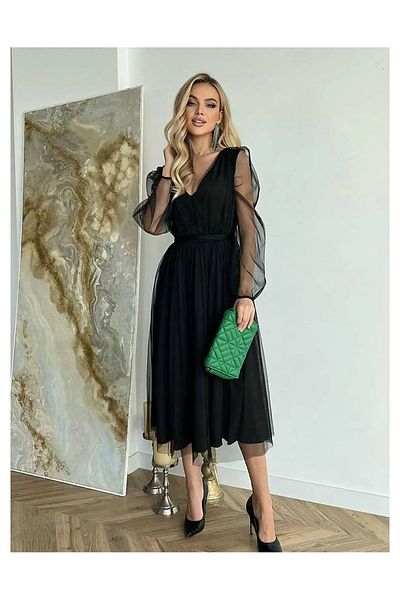 UniqueStore.ro Rochie Paolina Neagră, Tul Elegant Cu Mâneci Transparente