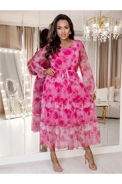 UniqueStore.ro Pink Midi Dress With Print And Long Sleeves - One Size