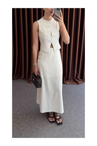 My Blog Natural Brit Detailed Vest Skirt Suit - 8749
