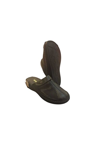 Esem 3523 Black Genuine Leather Women's Sabo Slippers