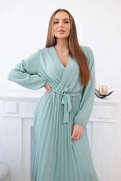 UniqueStore.ro Rochie midi plisată verde mentă cu șnur în talie - Mărime universală