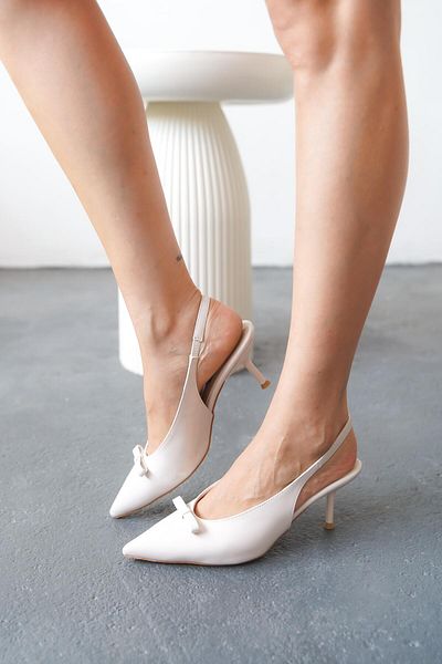 Lizzu Women's Bow Tie Detailed Pointed Toe Thin Heeled Shoes Sion Beige