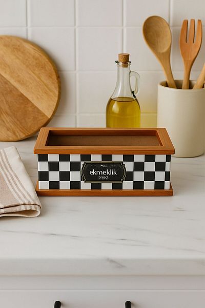 decorev Checkered Written Wooden Bread Basket