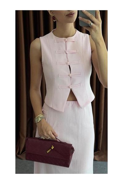 My Blog Pink Brit Detailed Vest Skirt Suit - 8749