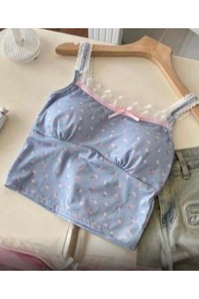 Wisevelya Pink Floral Blue Lace Strap Crop