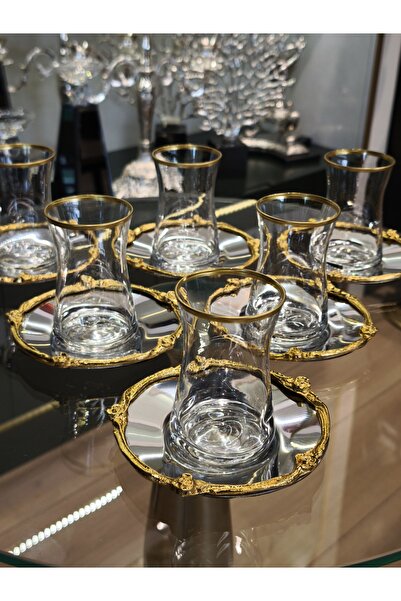 P&ORA PREMIUM KITCHEN PRODUCTS METAL TABAK GÜL DESENLİ GOLD GÜMÜŞ ÇAY SETİ