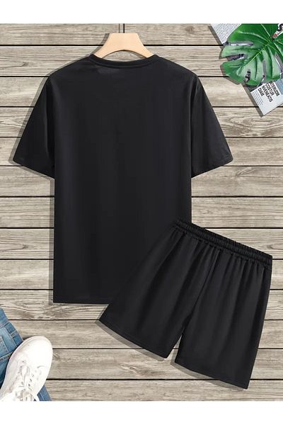 LUNAVISTA Men's Summer Casual Short Sleeve Round Neck Letter Printed T-Shirt and Shorts Set
