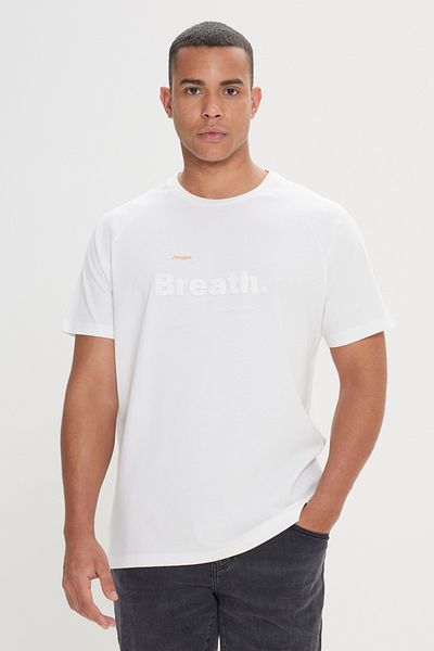 AC&Co / Altınyıldız Classics Herren-T-Shirt mit Rundhalsausschnitt, Ecru, lockere Passform, lockerer Schnitt, 100 % Baumwolle, weich, strukturiert, bedruckt