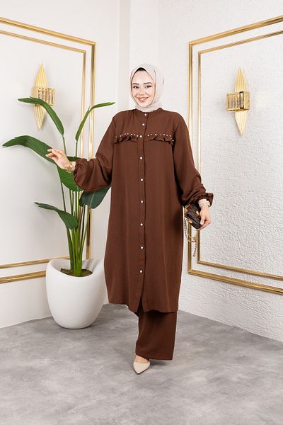 Nevayla Moda Ayrobin Fabric Pearl Detailed Suit / T112 - Brown