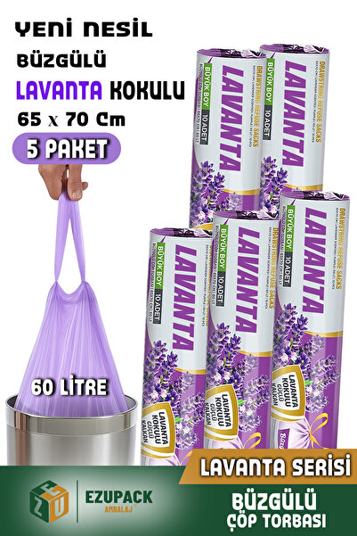 Ezupack 60 Lt ( 5 PAKET ) Avantaj Paket Büyük Boy Lavanta Kokulu Büzgülü Çöp ...