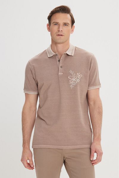 AC&Co / Altınyıldız Classics Tricou pentru bărbați, bej închis, slim fit, 100% bumbac, imprimat cu gât polo