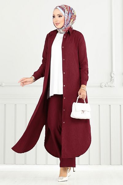 ModaMerve Front Buttoned Hijab Suit 808Ozr1047-M Claret Red