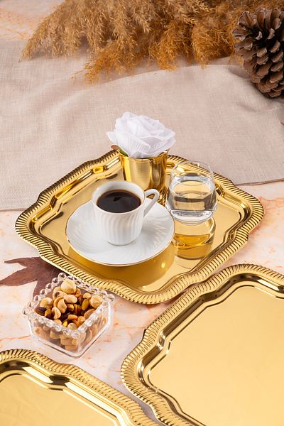 NEWTREND Züccaciye 3-Piece Luxury Edge Line Patterned Gold Daisy Model Stainless Steel Serving, Tea, Coffee Presentation Tray
