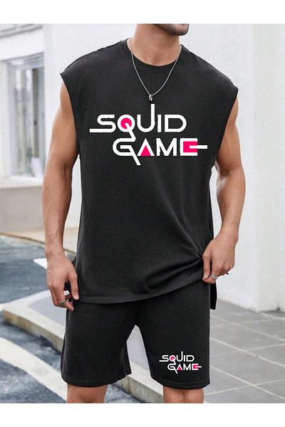 COHERENT Men's Colorful Squid Game Custom Printed 0 Sleeve Tshirt and Shorts Bottom Top Set 2 Piece Combination