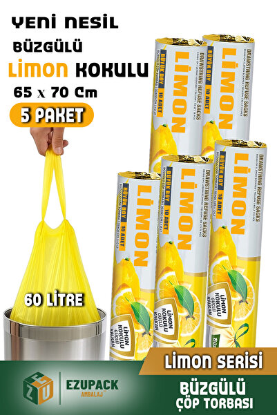 Ezupack 60 Lt ( 5 PAKET ) Avantaj Paket Büyük Boy Limon Kokulu Büzgülü Çöp Po...