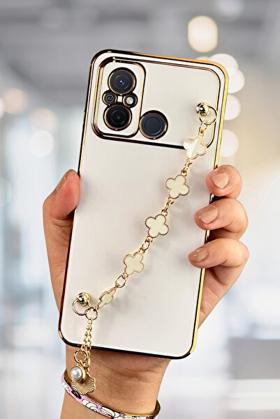 Fibaks Xiaomi Redmi 12C Uyumlu Kılıf Parlak Kenarlı Altın İşlemeli Tutamaçlı Kamera Korumalı Kapak