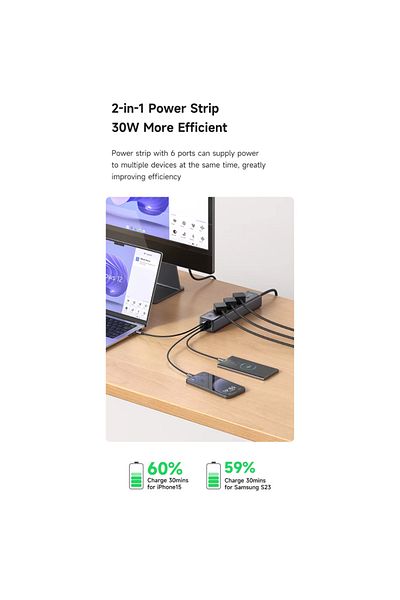 OEM Smart Secure Power Strip, 3 Sockets, 2 USB-C Ports, 1 USB Port, Fast Charging, 1.5 Meters, Black