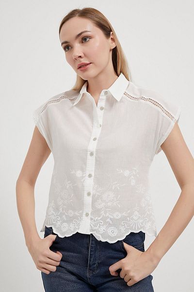 OIL PARK Short Sleeve 100% Cotton Women's Short Shirt with Embroidered Skirt