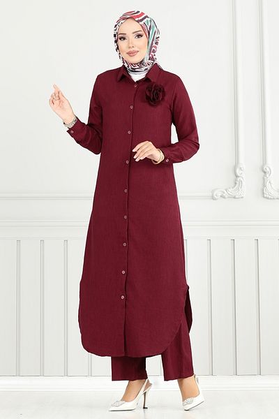 ModaMerve Front Buttoned Hijab Suit 815Ozr1047-M Claret Red