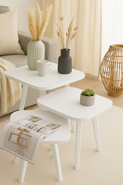 Living Set of 3 Square Wooden Tables – Modern & Space-Saving Design