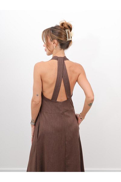 Maldia Shop Women's Cross Back Detail Brown Strap Dress