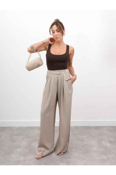 Maldia Shop Women's Elastic Waist Pleated Detail Mink Linen Palazzo Trousers