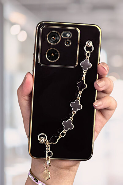 Fibaks Xiaomi Mi 13T-13T Pro Uyumlu Kılıf Parlak Kenarlı Altın İşlemeli Tutamaçlı Kamera Korumalı Kapak