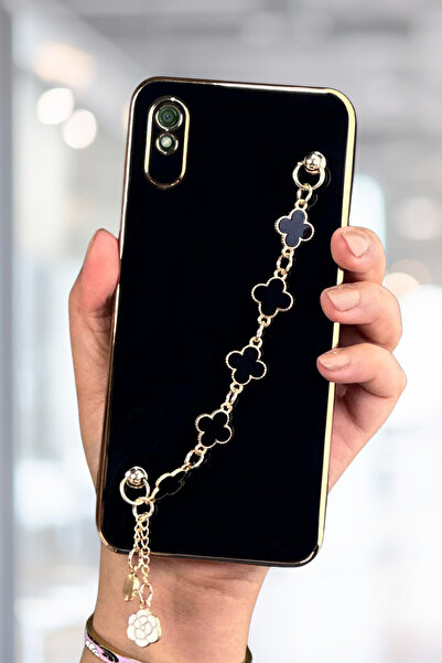 Fibaks Xiaomi Redmi 9A Uyumlu Kılıf Parlak Kenarlı Altın İşlemeli Tutamaçlı K...