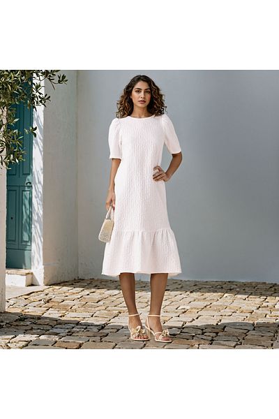 2Xtremz Textured A-Line Midi Dress with Puff Sleeves