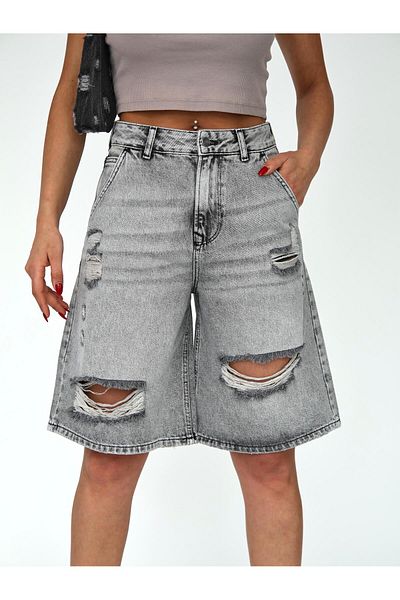 XBELLA DENİM Women's Bermuda Denim Shorts Midi Length with Ripped Details