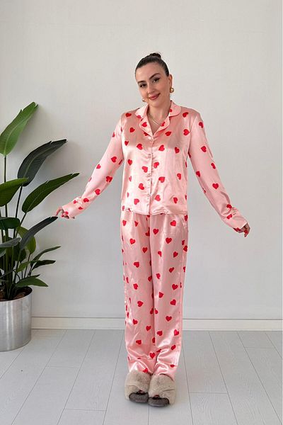 MaziButik Heart Satin Pajama Set Powder