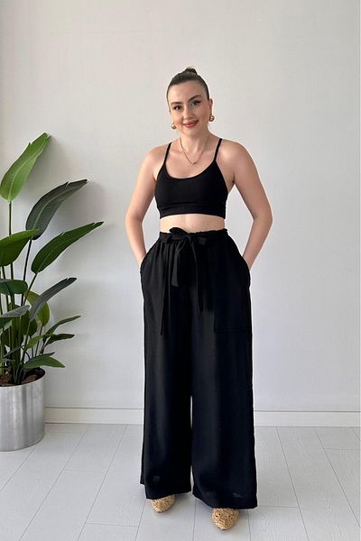 MaziButik Belted Linen Trousers Black