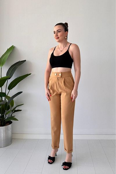 MaziButik Layered Crepe Trousers Camel
