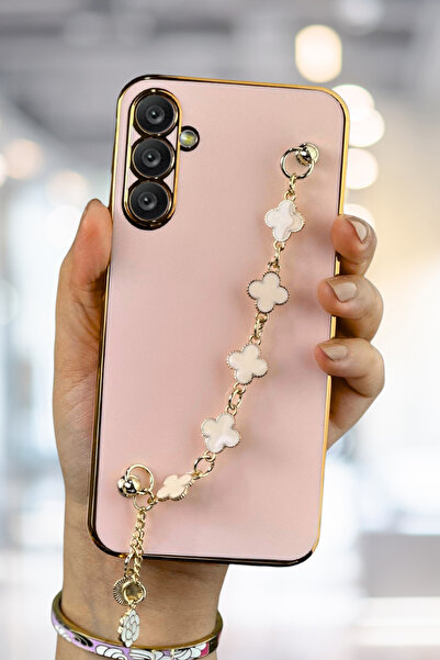 Fibaks Samsung Galaxy A24 Uyumlu Kılıf Parlak Kenarlı Altın İşlemeli Tutamaçlı Kamera Korumalı Kapak