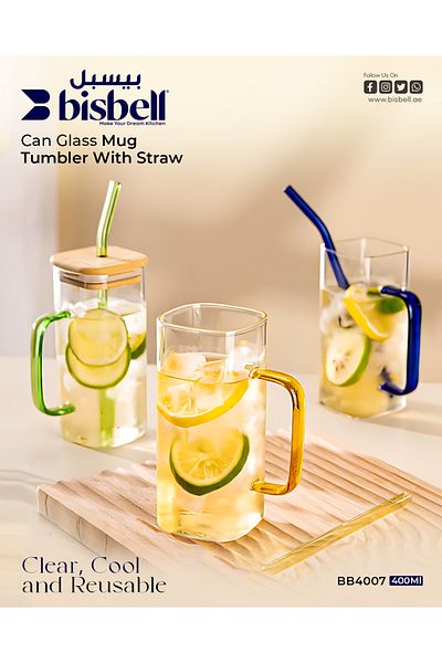 Bisbell 6Pcs Glass Mug with Bamboo Lid and Straws,Glass Mason Jars,400ml,BB4007