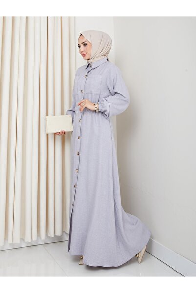 HARMAN BUTİK Γυναικείο φόρεμα με λεπτομέρεια τσέπης με κουμπιά και ζώνη σε γκρι λινό