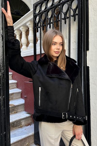 moda armanc Women's Suede Coat with Belt Detail