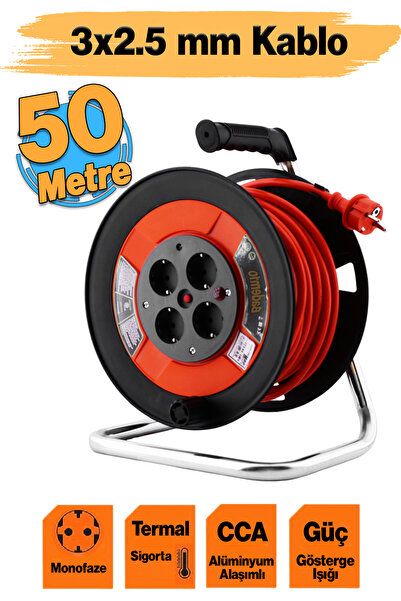Badem10 Monofaze Uzatma Kablosu Plastik Makaralı 3x2.5 mm 50 Metre Seyyar CCA...