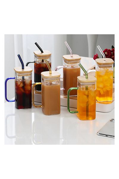 Bisbell 6Pcs Glass Mug with Bamboo Lid and Straws,Glass Mason Jars,400ml,BB4007