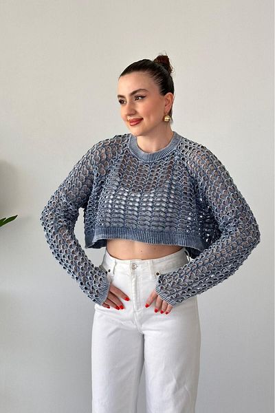 MaziButik Openwork Knitwear Blouse Blue